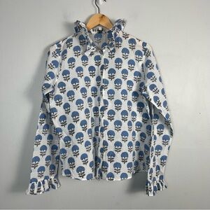 Saule Parc hand printed ruffle neck button down blouse size XS cotton blue